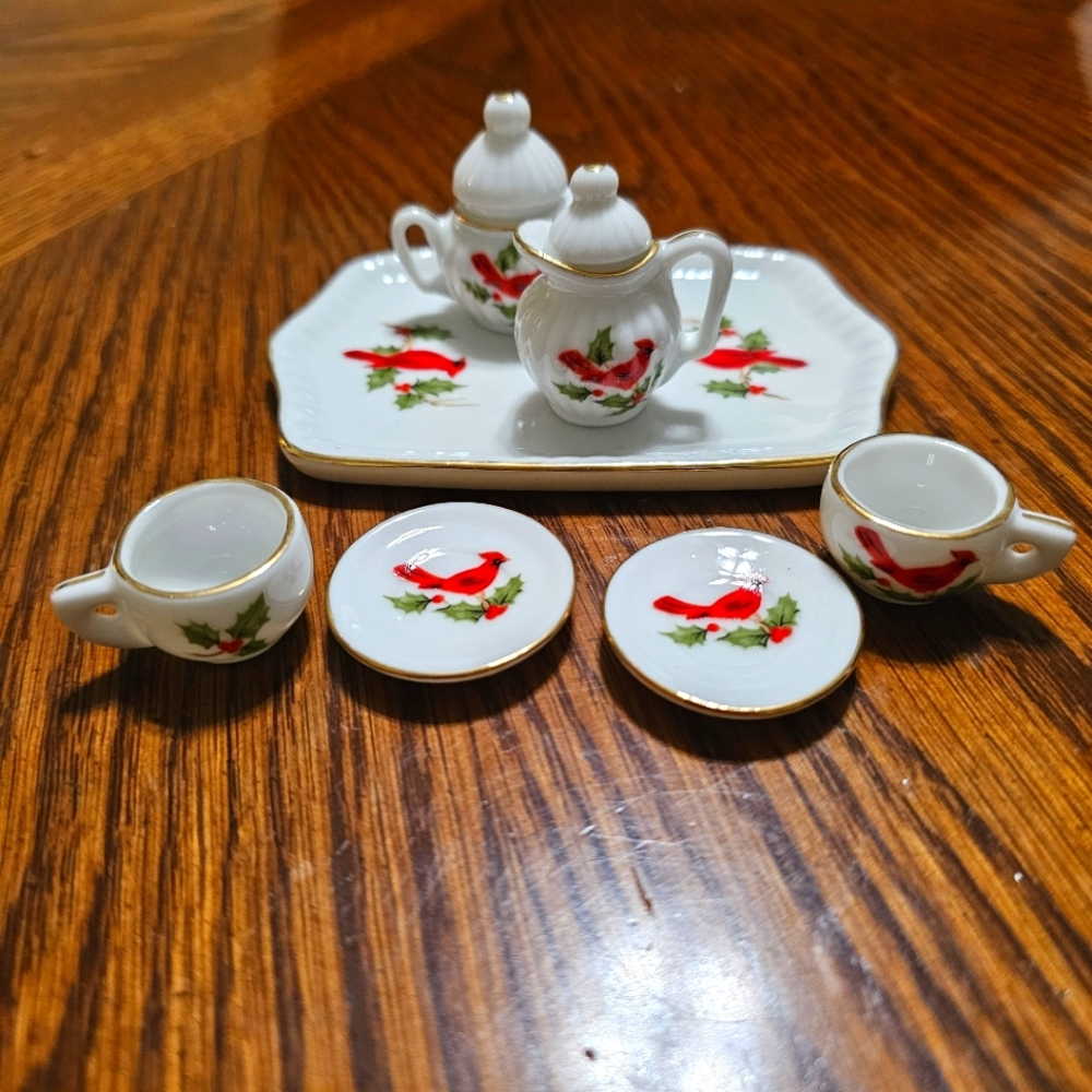 Vintage Miniature Holiday Cardinal Lefton Tea Set